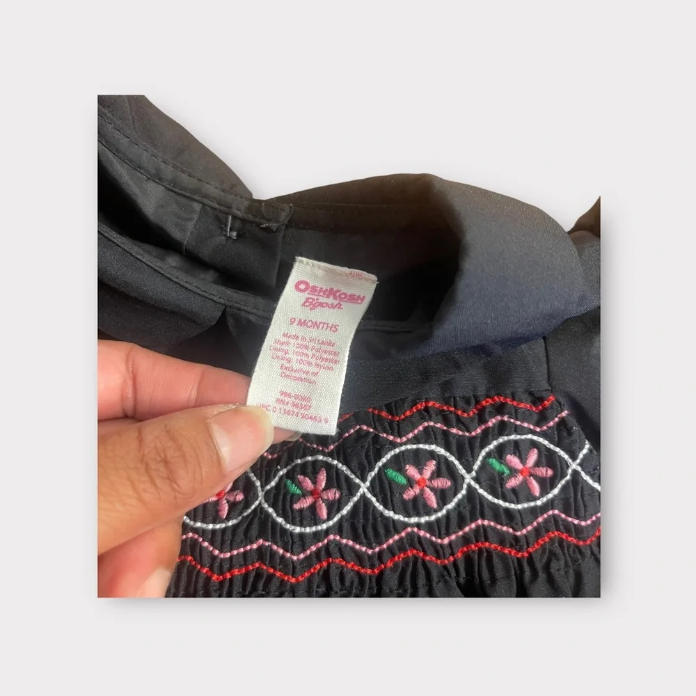 OshKosh Smocked Black Satin Peter Pan Collar Dress